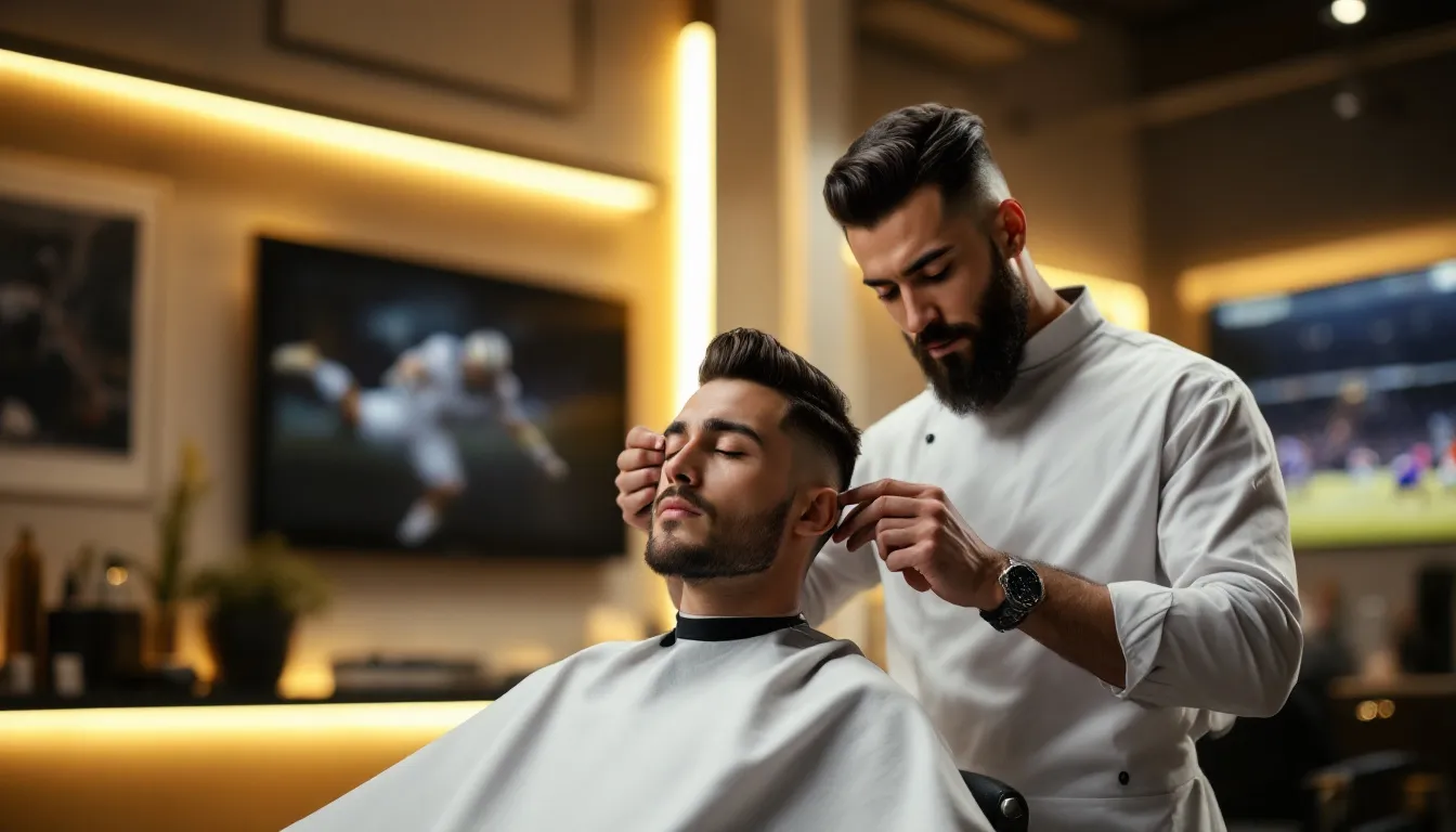 A barber providing maintenance for a taper fade haircut.