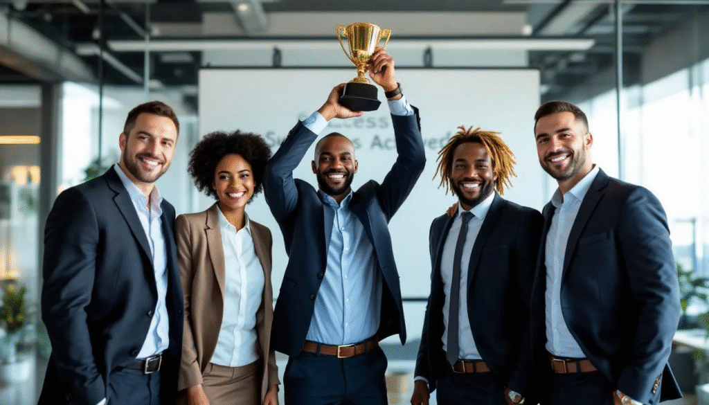 A diverse group of individuals is celebrating their success, showcasing a sense of accomplishment as they reflect on their progress in goal setting and project management. They are likely discussing their specific, measurable, and achievable objectives, emphasizing the importance of the SMART framework in their performance management efforts.