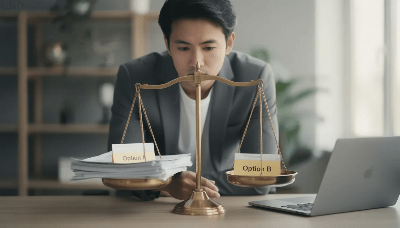 L'image représente une personne en train de peser différentes options sur une balance, symbolisant le processus de prise de décision dans les négociations. Cette représentation visuelle souligne l'importance de comprendre sa propre BATNA (meilleure alternative à un accord négocié) et d'évaluer les résultats potentiels lors des discussions à la table de négociation.