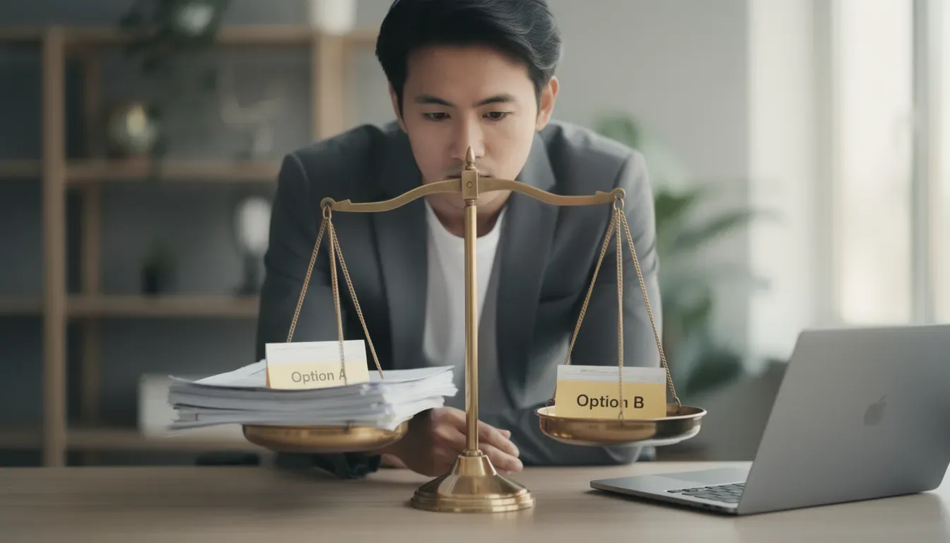 The image depicts a person thoughtfully weighing different options on a set of scales, symbolizing the decision-making process in negotiations. This visual representation highlights the importance of understanding one's own BATNA (Best Alternative to a Negotiated Agreement) and evaluating potential outcomes during discussions at the bargaining table.