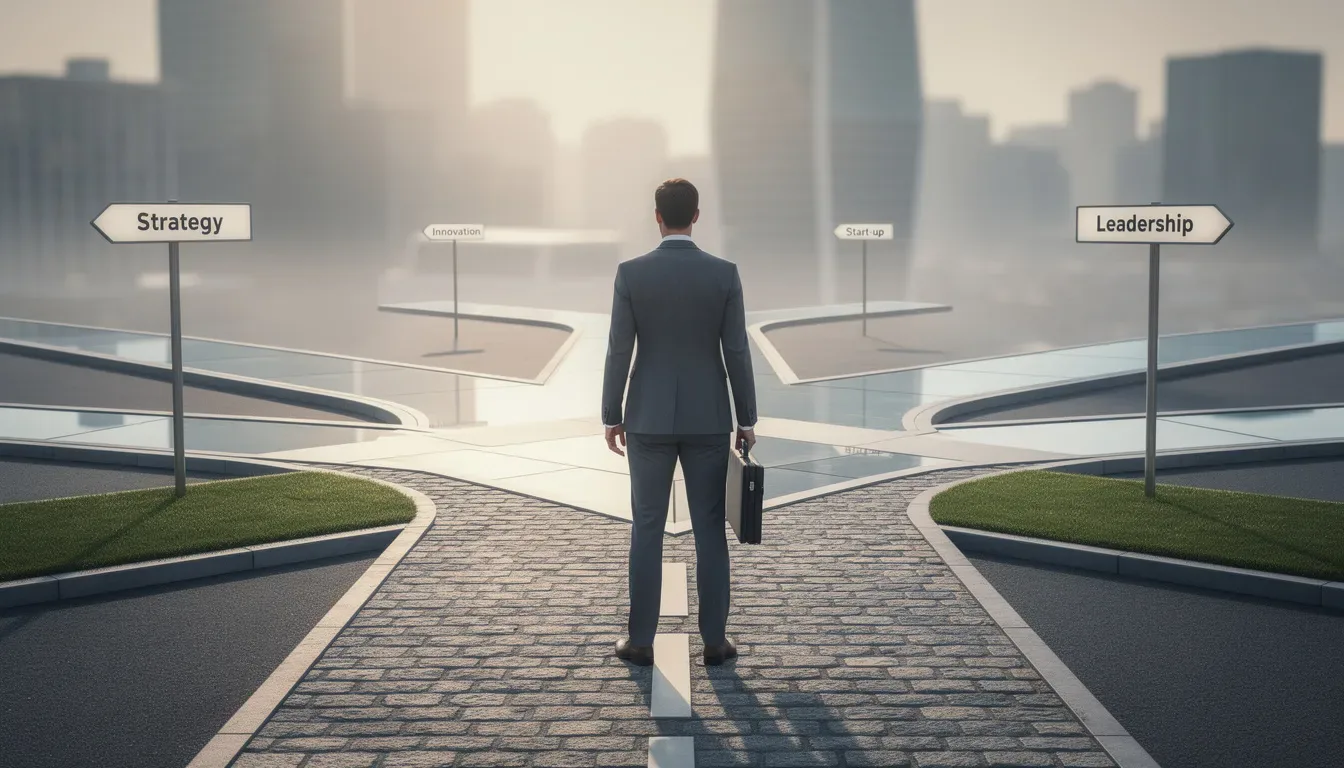An image depicts a business professional standing at a crossroads, contemplating multiple path options that symbolize different negotiation outcomes. Each path represents various alternatives to a negotiated agreement, emphasizing the importance of having a strong BATNA (Best Alternative to a Negotiated Agreement) in the negotiation process.