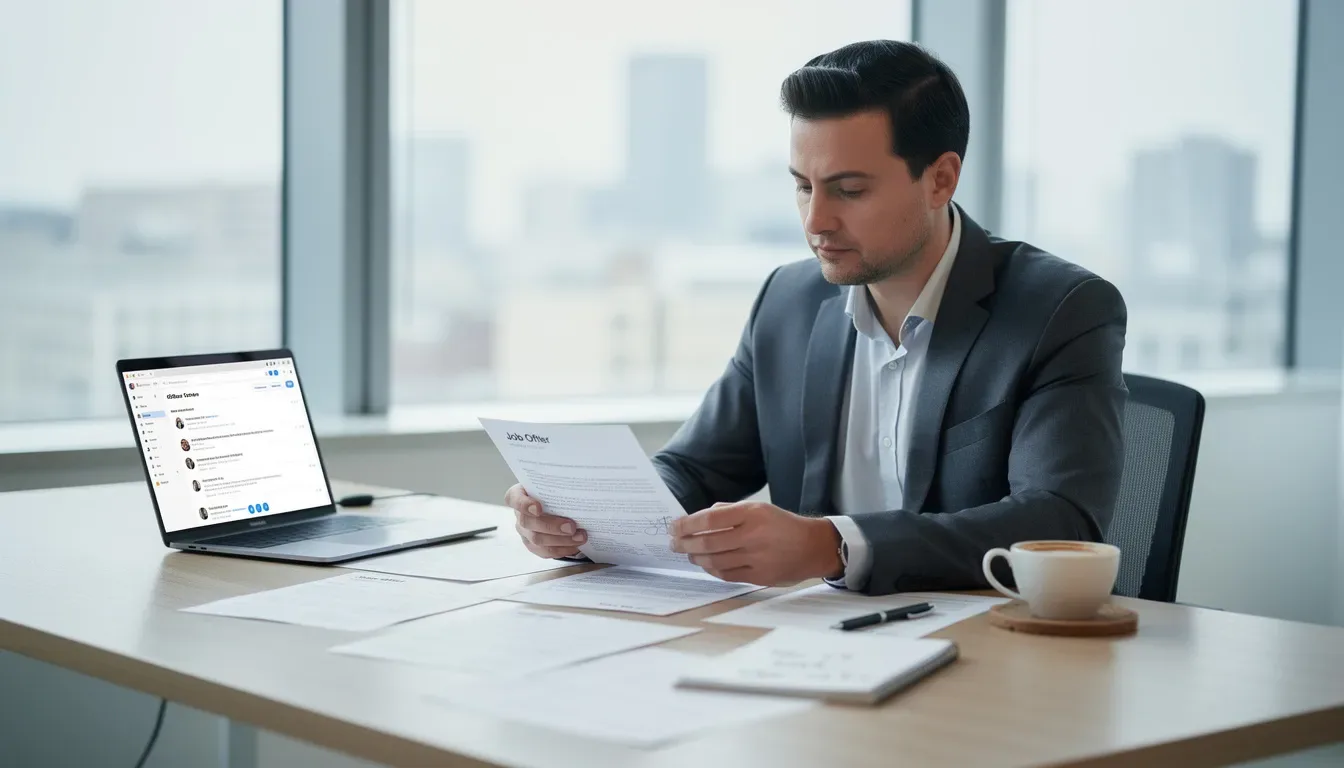 A professional sits at a desk, reviewing various job offers and documents, contemplating the negotiation process and potential outcomes. The scene reflects a focus on evaluating contract terms and preparing for successful negotiations, ensuring a clear understanding of the best alternatives to a negotiated agreement.